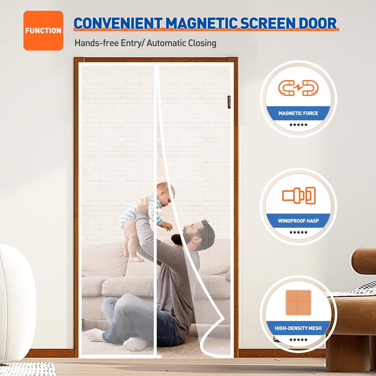 MAGZO Magnetic Screen Door Fit Door Size 36 x 80 Inch, Screen Size 38" x 81" Strong Magnet Door Mesh with Reinforced Hook & Loop for Patio, Sliding, French Door, White