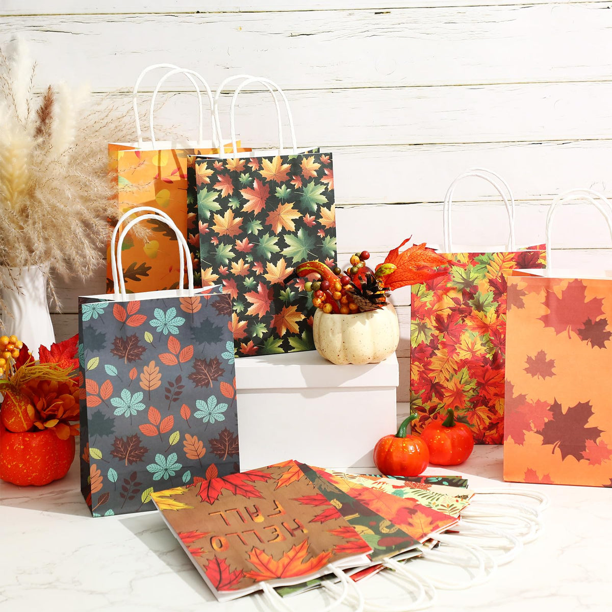 Tenceur 24 Pcs Fall Gift Bags Bulk Kraft Paper Orange Gift Bags Maple Leaf Elements Goody Candy Treat Pouches with Handles for Thanksgiving Autumn Wedding Birthday Party Favors