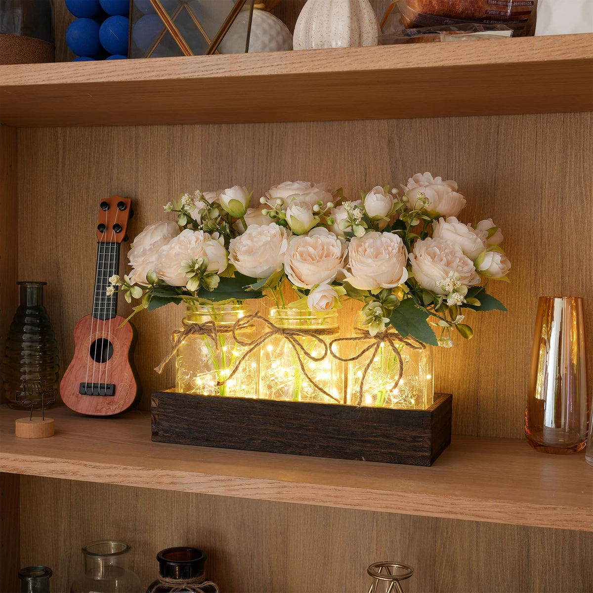 LUEUR Mason Jar Lights Centerpiece with Farmhouse Wood Tray – 3 Jars with Champagne Peony Spring Flowers, Spring & Summer Wedding Decoration for Dining Table, Coffee Table, Kitchen & Living Room
