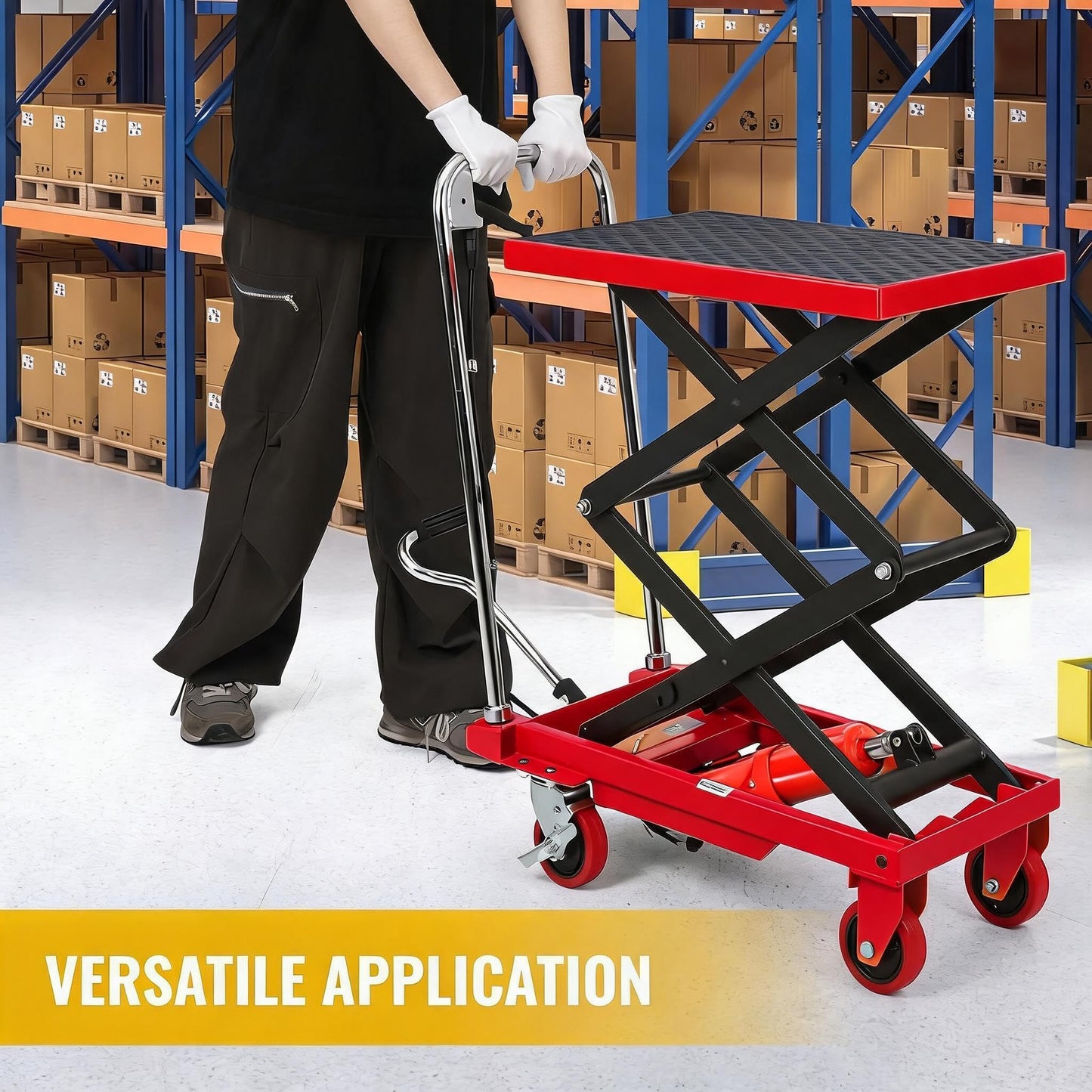 Hydraulic Double Scissor Lift Table Cart, 330 LBS Load Capacity, 50" Adjustable Height, Non-Slip Platform & 4 Universal Wheels, Heavy Duty Lift Table for Material Handling, Red