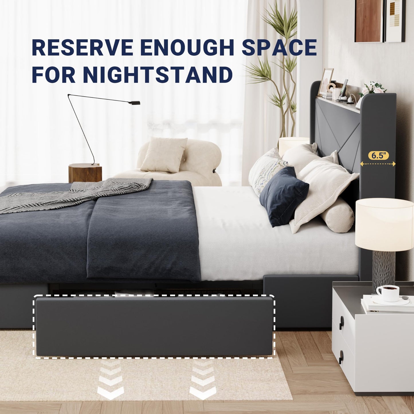 Allewie Queen Size Velvet Bed Frame with 3 Storage Drawers, Upholstered Platform Bed with Wingback Storage Headboard and USB Ports, No Box Spring Needed, Easy Assembly, Grey