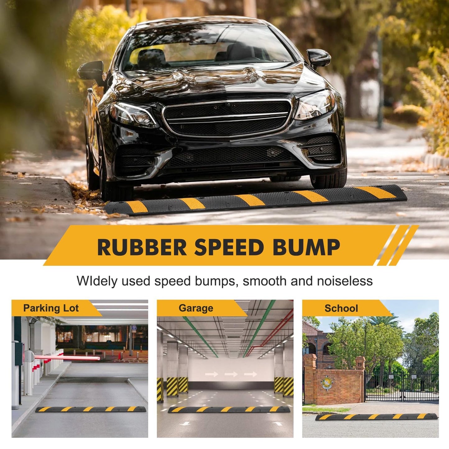 2-Pack 6FT Heavy Duty Speed Bumps β 25,000Lb Capacity Recycled Rubber Traffic Calming Humps for Parking Lots, Driveways & Garages β Weatherproof with Cable Protection Channels