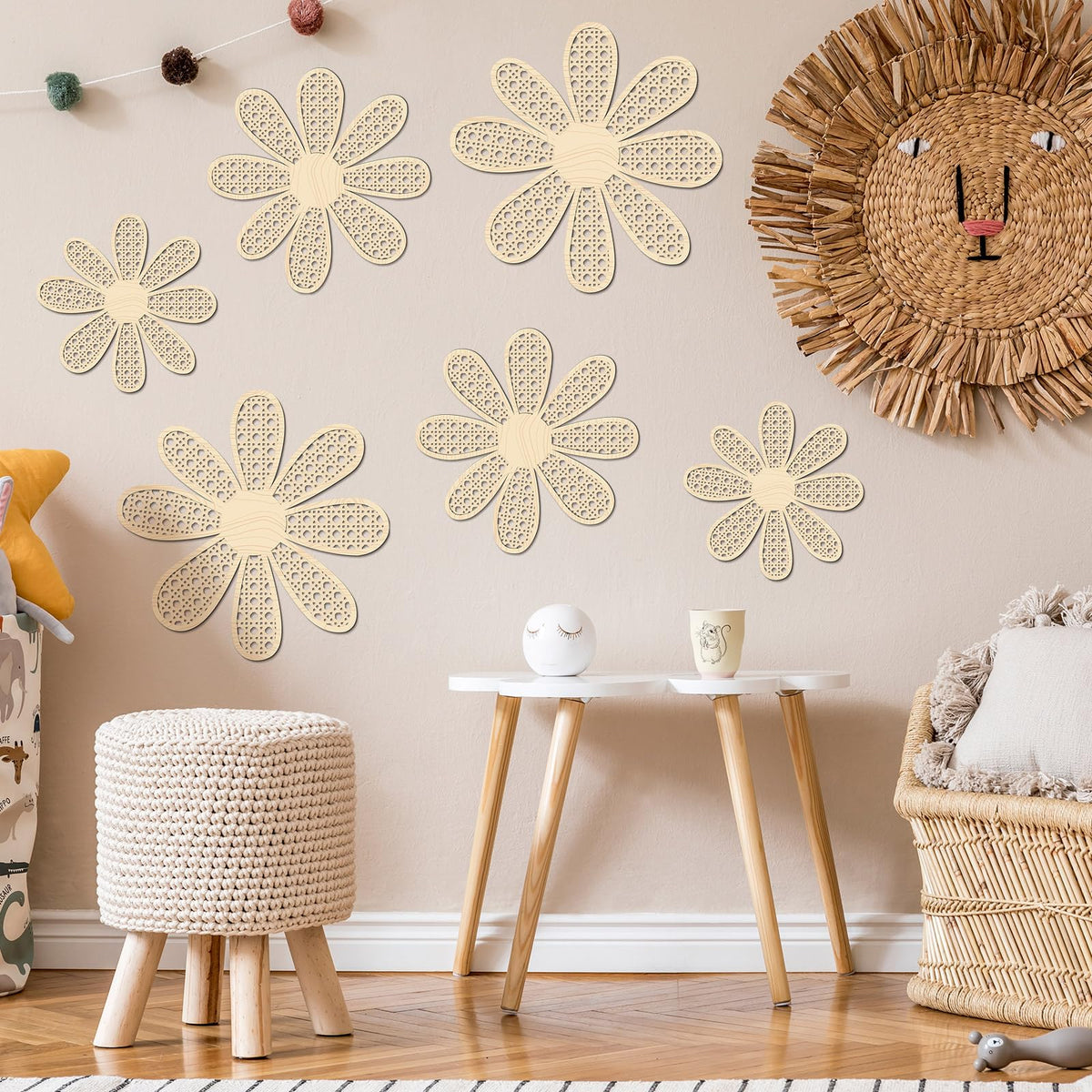 Thyle 6 Pcs Boho Daisy Wall Decor Natural Rattan Flower Wall Hanging Art Wooden Boho Art Nursery Decor Daisy Signs Flowers Farmhouse Hanging Decoration for Home Office Nursery