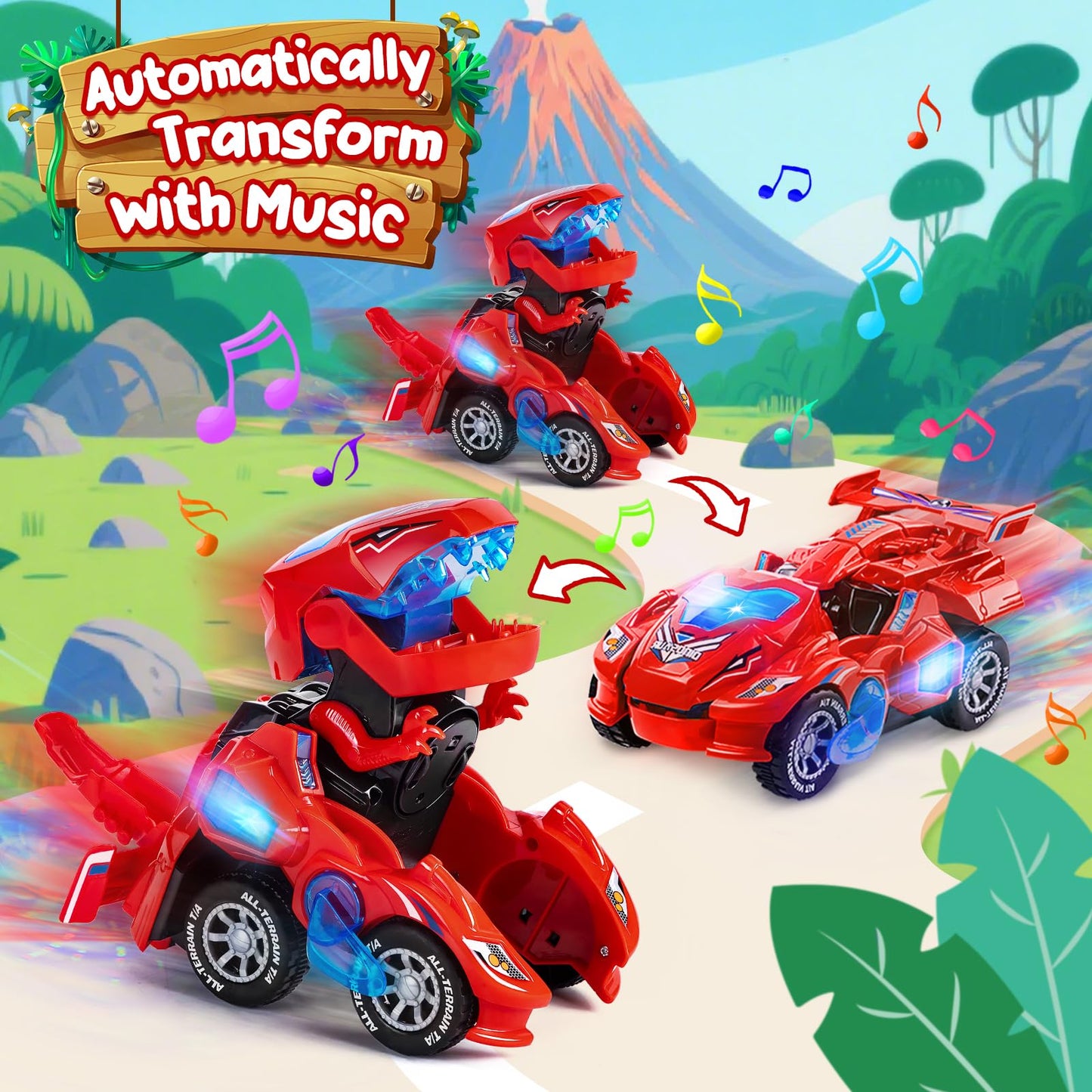 Yellcetoy Dinosaur Transforming Car, Dino Toys with Flashing Lights & Sound for Boys Girls Age 3-7 Automatic Electric Transform Cars Toy Birthday Xmas Gifts for Kids 3 4 5 6 7 Years Red