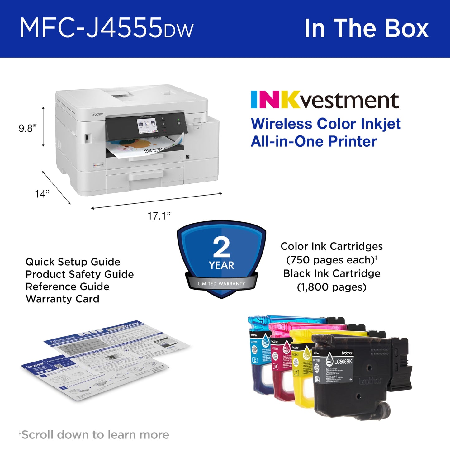 Brother INKvestment 4555 Wireless Color Inkjet All-in-One Printer with 2.7” Color Touchscreen and 2 Paper Trays | Includes Refresh Subscription Trial(1) (MFC-J4555DW)