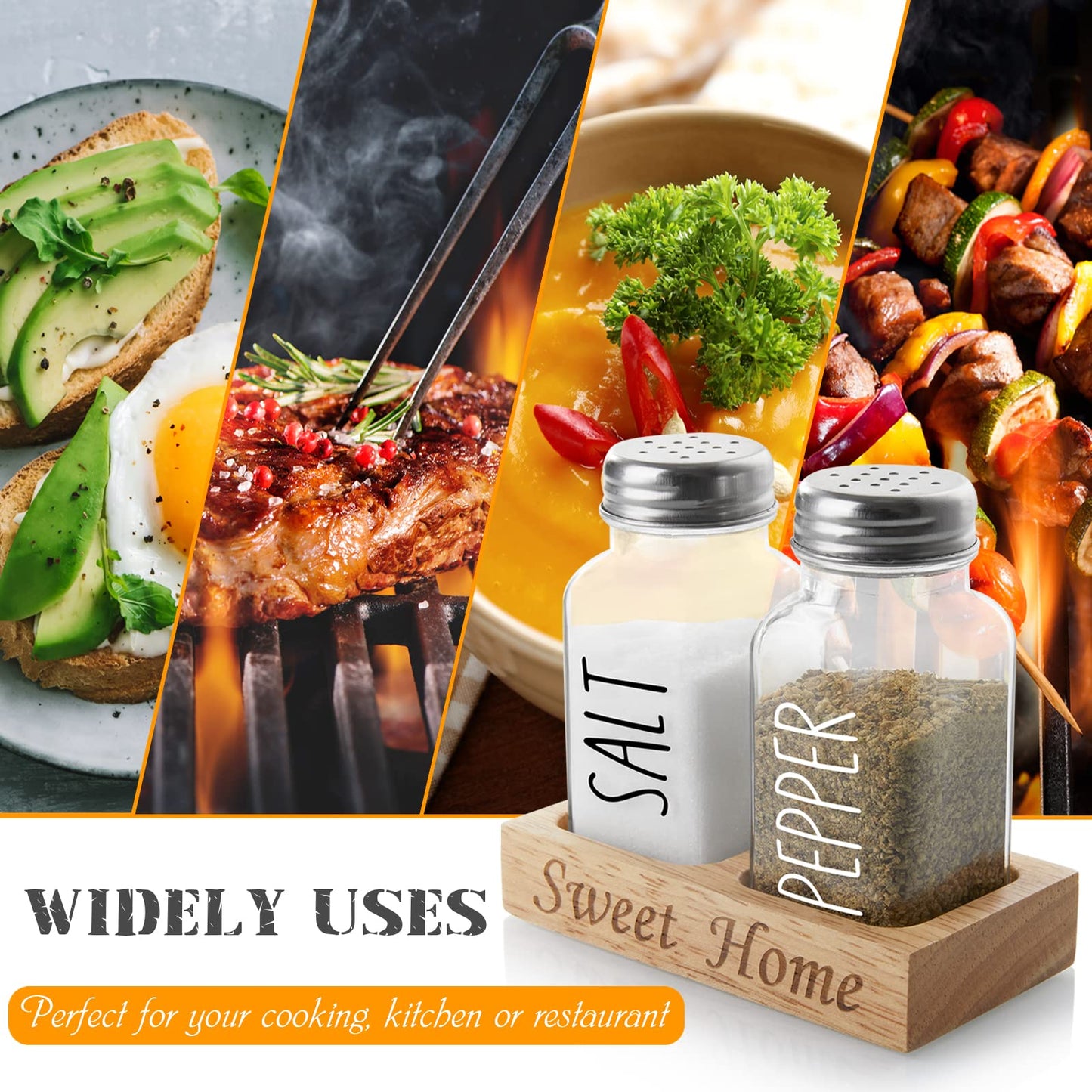 Glass Salt and Pepper Shakers with Holder - Dopeca Clear Salt and Pepper Set with Wood Caddy for Kitchen Counter or Table - Kitchen Decor and Accessories for Wedding Gifts - Easy Refilling-2.7 oz
