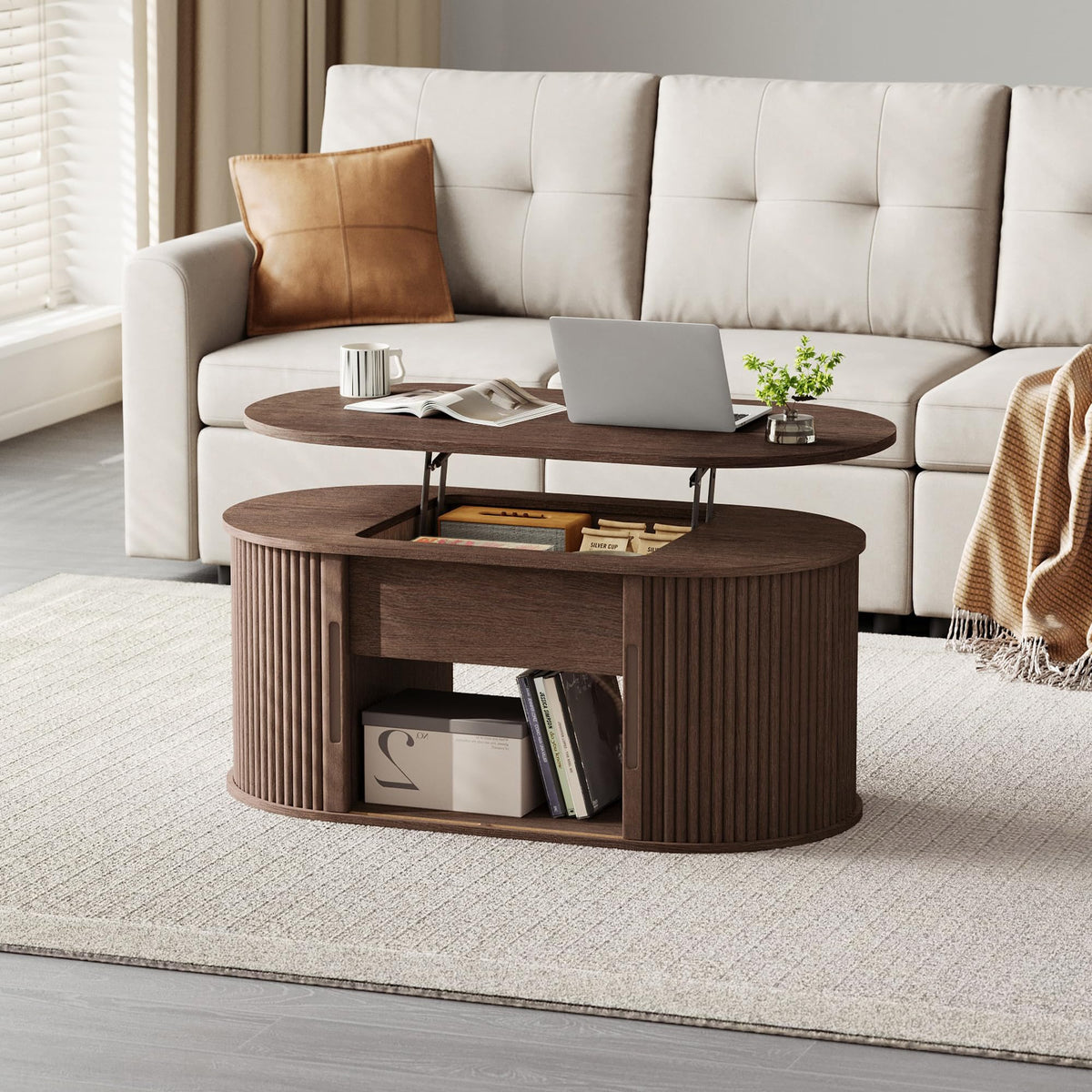 LINSY Lift Top Coffee Table, Oval Fluted Coffee Table with Storage, Mid Century Modern Wooden Coffee Tables with Sliding Tambour Door, 39" Center Table for Living Room, Office, Small Space, Walnut