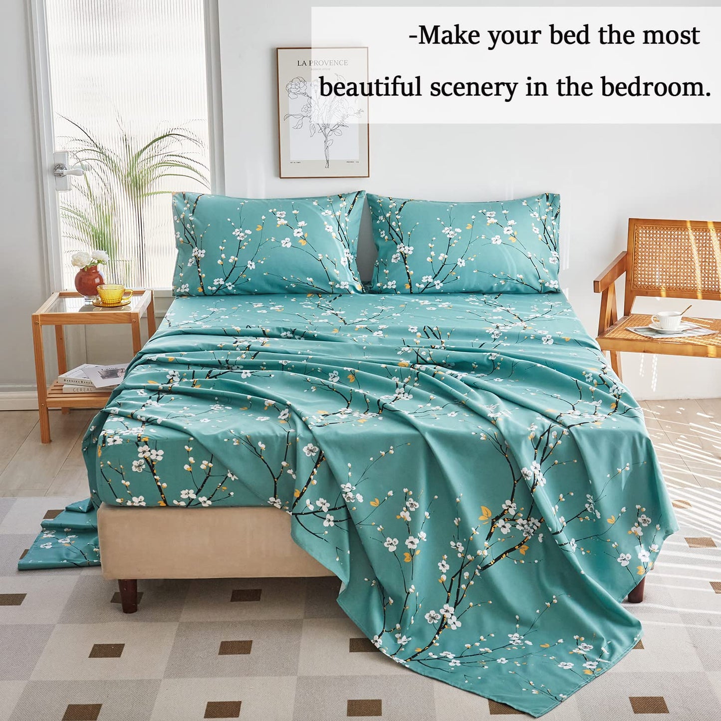 ZRNBAST Teal Sheet Set 4 Pcs King Sheet Set Floral Print Flat Sheet Fitted Sheet Farmhouse Style Chic Bedding Sheets Easy Fit Microfiber Sheets-All Seasons (Teal, King)