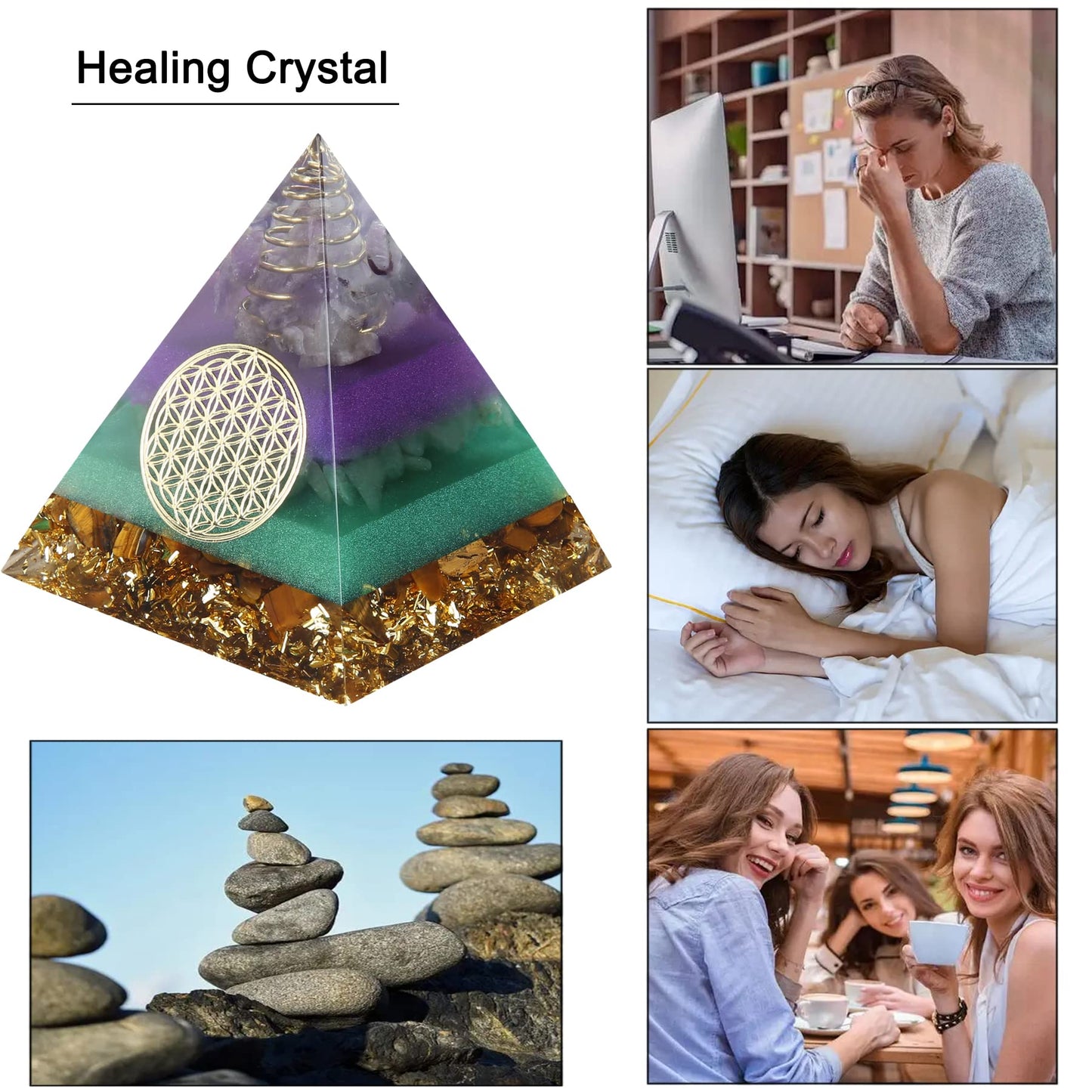 Orgone Pyramid - Positive Energy Source for Meditation, Stress Relief, Wealth Attraction | Crystal Pyramid Orgonite with Protection Crystals | Ideal Energy Generator & Stylish Room Decor