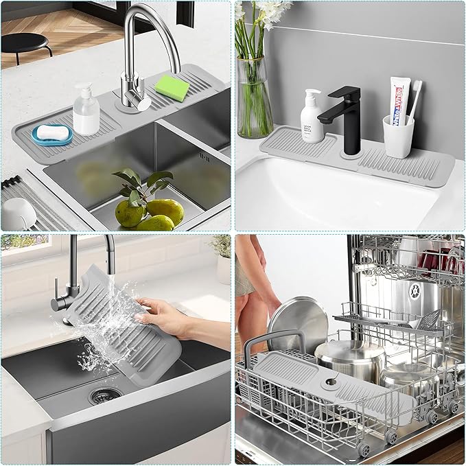 24"Longer Silicone Faucet Mat for Kitchen Sink, 5° Slope Faucets Draining Mat