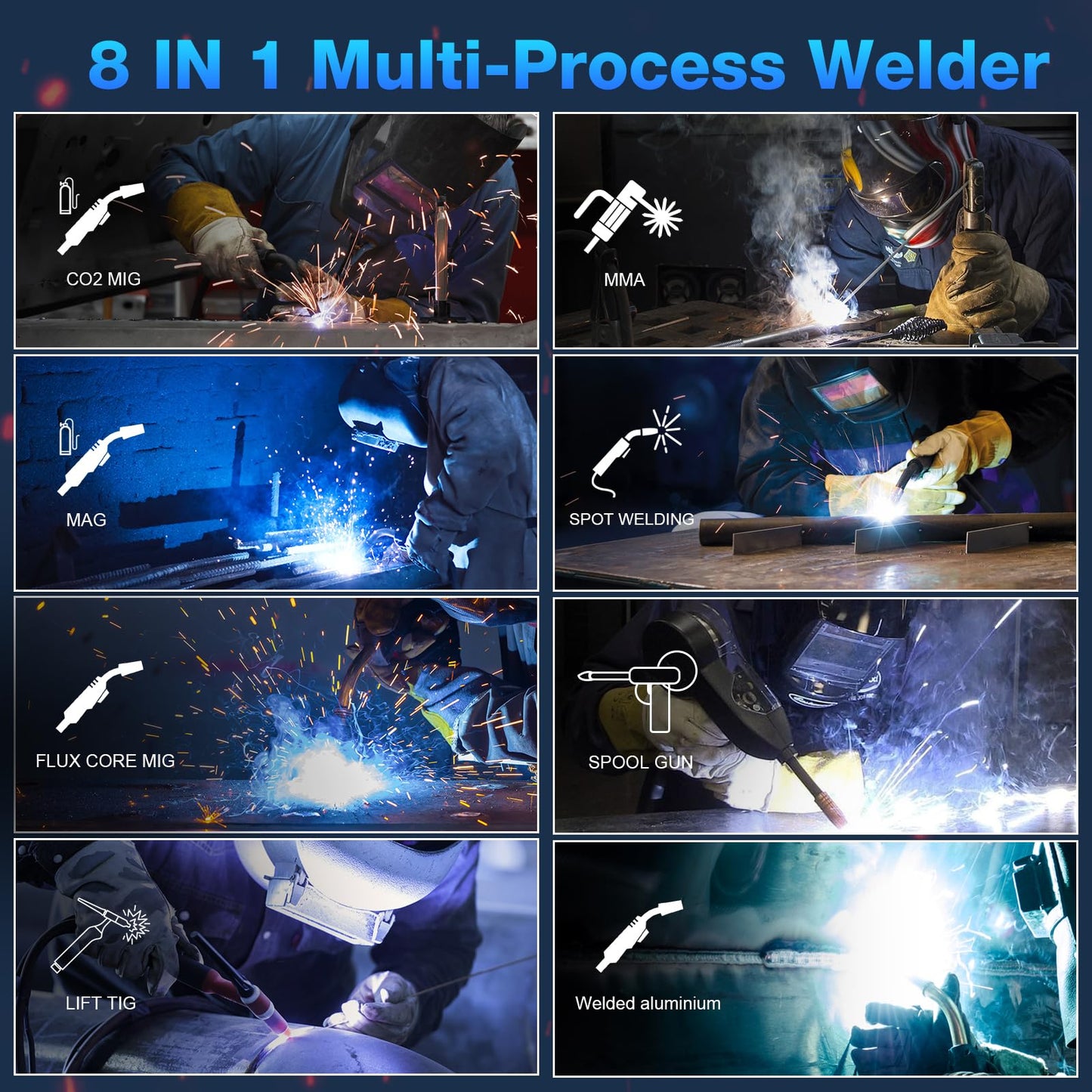 Reboot 250Amp MIG Welder 120V /240V RBM2500 PRO, 8-in-1 Multiprocess Welding Machine with Dual Aluminum Welding Modes, Gas MIG/Gasless MIG/MAG/Lift TIG/Stick/Spot/Spool Gun Compatible