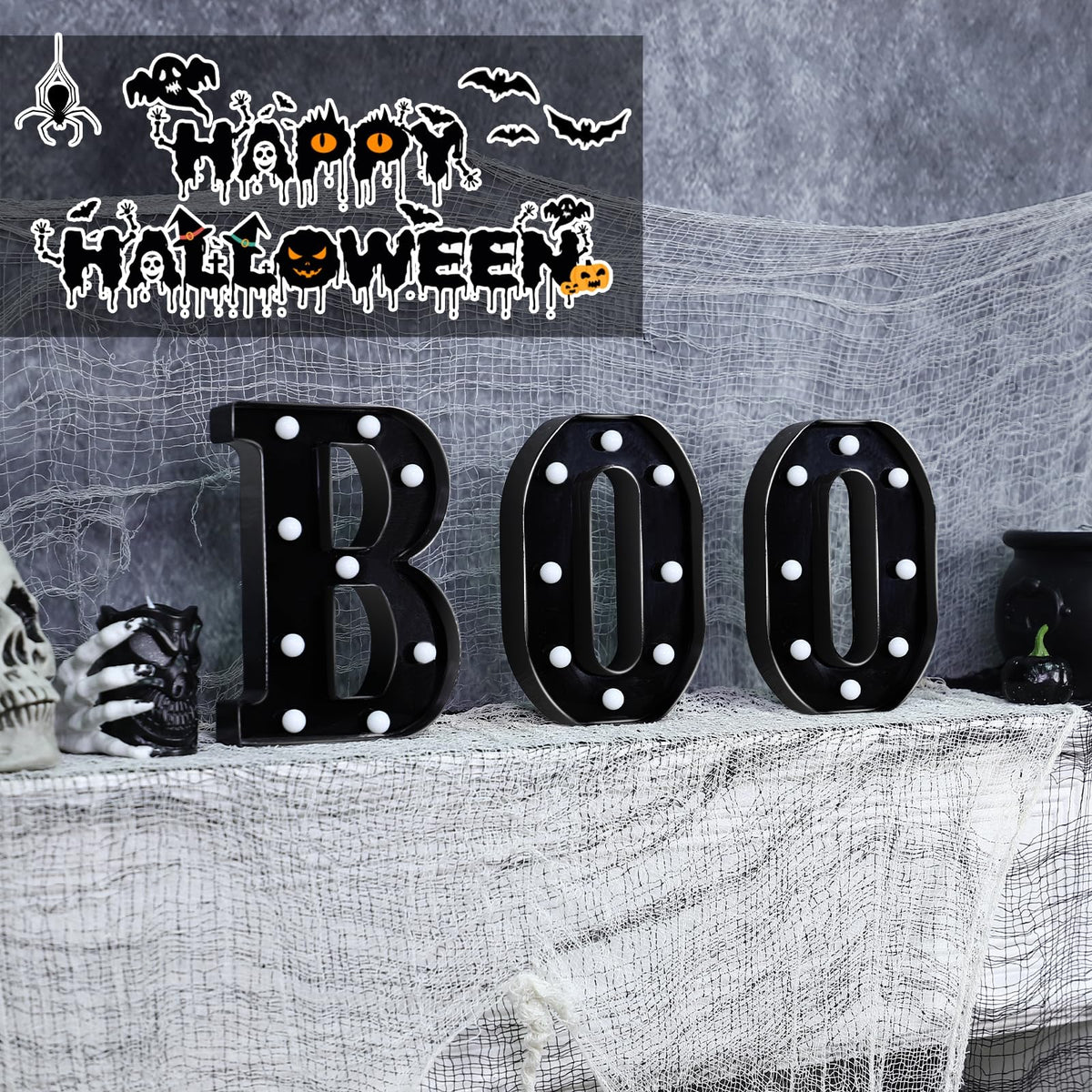 Halloween Decorations Indoor - Boo 3 Pack LED Light Up Hanging Letters Black Boo Signs Light for Indoor Halloween Decor Home Table Party Wall Mantel Fireplace Bedroom, Purple Lights