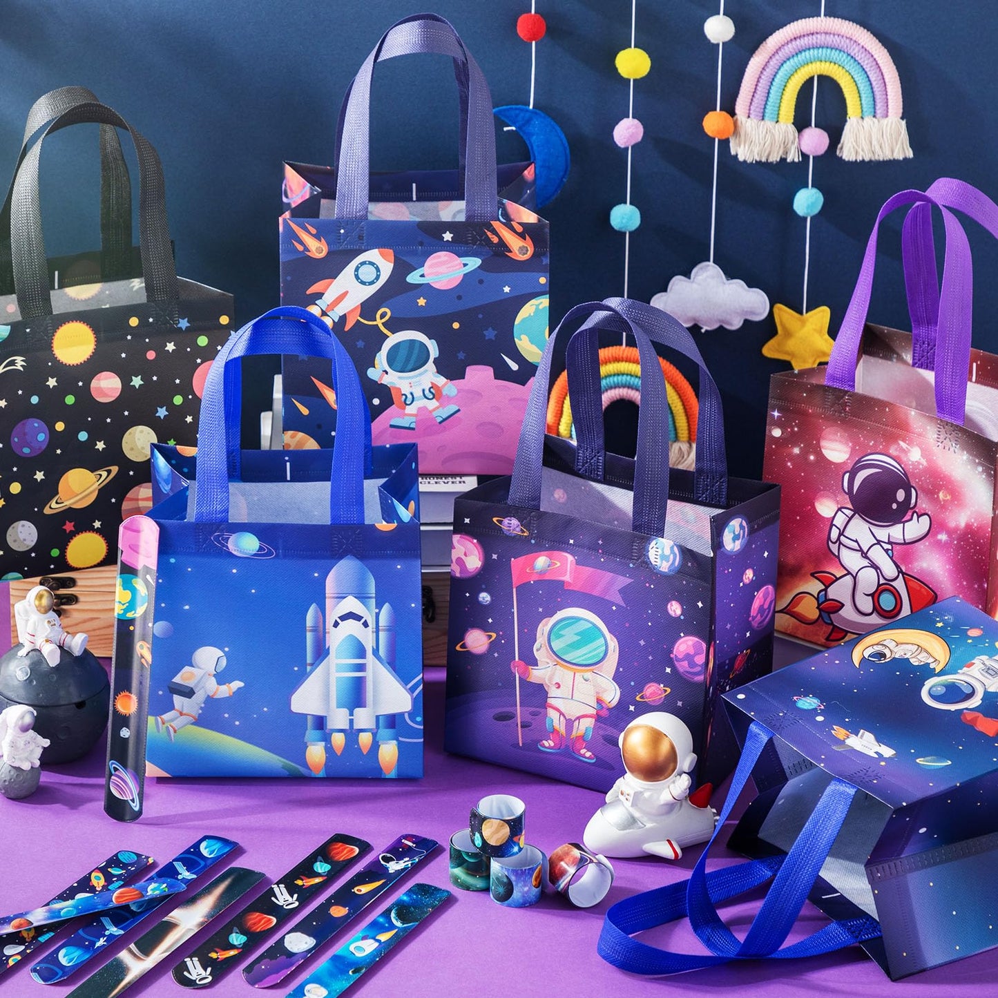 MiniInflat 24 Pcs Space Party Favor Bags Outer Space Non Woven Astronaut Gift Treat Bags with 24 Pcs Slap Bracelets, Reusable Galaxy Goodie Candy Bag with Handles for Astronaut Party Supplies