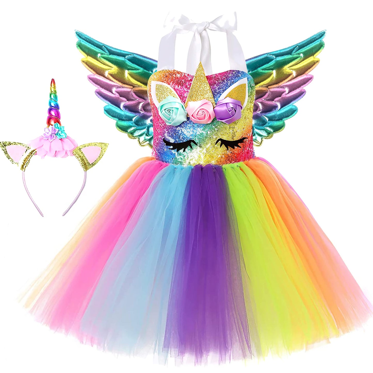 Soyoekbt Girls Unicorn Costume LED Light Up Unicorn Princess Dress Birthday Party Outfit Halloween Tutu Dress with Headband Rainbow Sequin+Rainbow Led 3-4Years