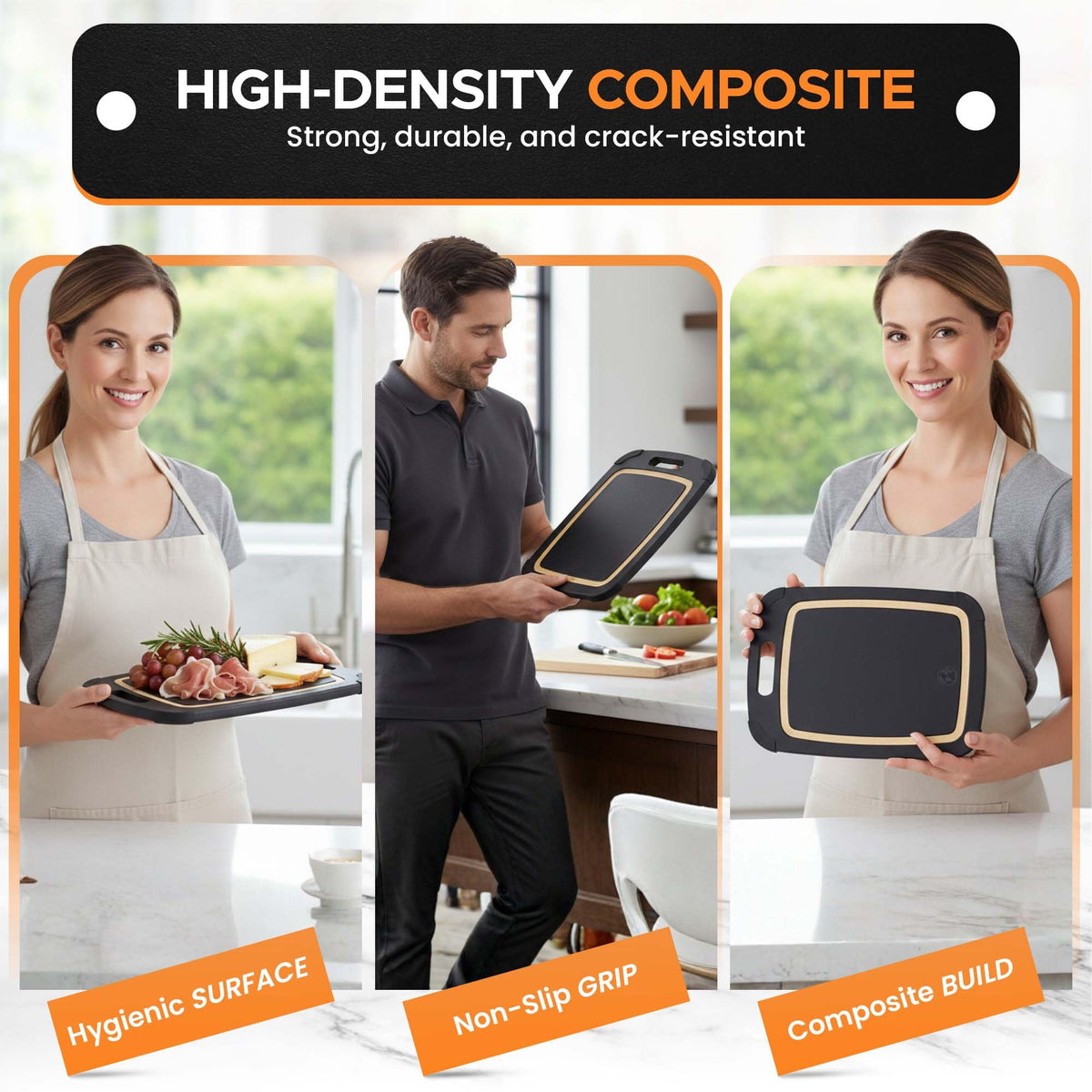 Earth's Dreams Composite Wood Cutting Board Set of 3 – Built In Juice Groove, Non-Toxic Cutting Boards for Kitchen – Large, Medium & Small Non-Slip Wood Charcuterie & Chopping Boards (Black/Tan)