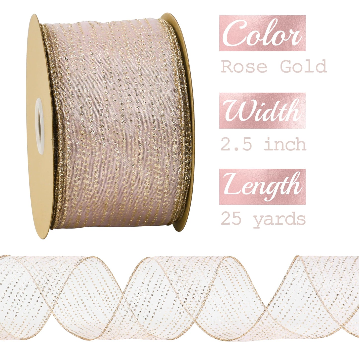MEEDEE Rose Gold Sheer Glitter Wired Ribbon 2.5 Inch Horizontal Stripes Polka Dot Christmas Ribbon Organza Sheer Glitter 25 Yards for Christmas Tree, Wreath, Bow Making
