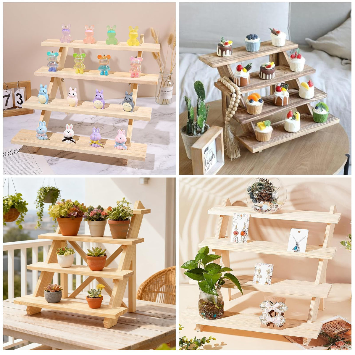Oungy 2 Pack 4 Tier Wooden Display Stand Riser Detachable Wood Earring Display Cupcake Stands Jewelry Display for Vendors with Groove or Jewelry Cupcake Vendors Retail