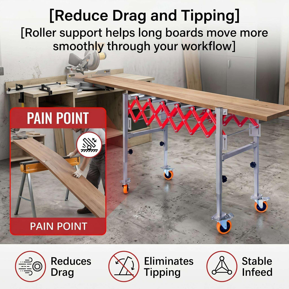 Expandable Roller Conveyor, Portable Material Handling Stand with Locking Casters, 27.5''-43'' Adjustable Height, 600 lbs Capacity Roller Conveyor for Packing Shipping and Roller Conveyor Support