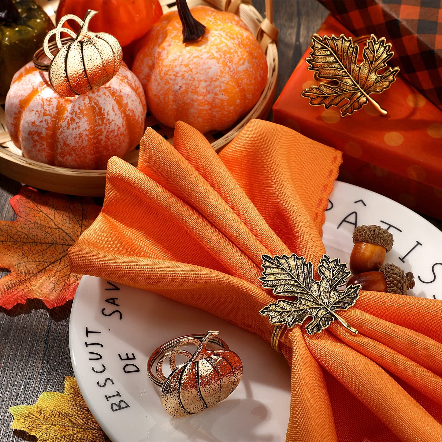 Patelai 12 Pieces Thanksgiving Napkin Ring Set Pumpkin Maple Leaf Fall Leaf Rings Halloween Napkin Holders Ring Kit for Thanksgiving Halloween (Maple and Pumpkin,Bronze)