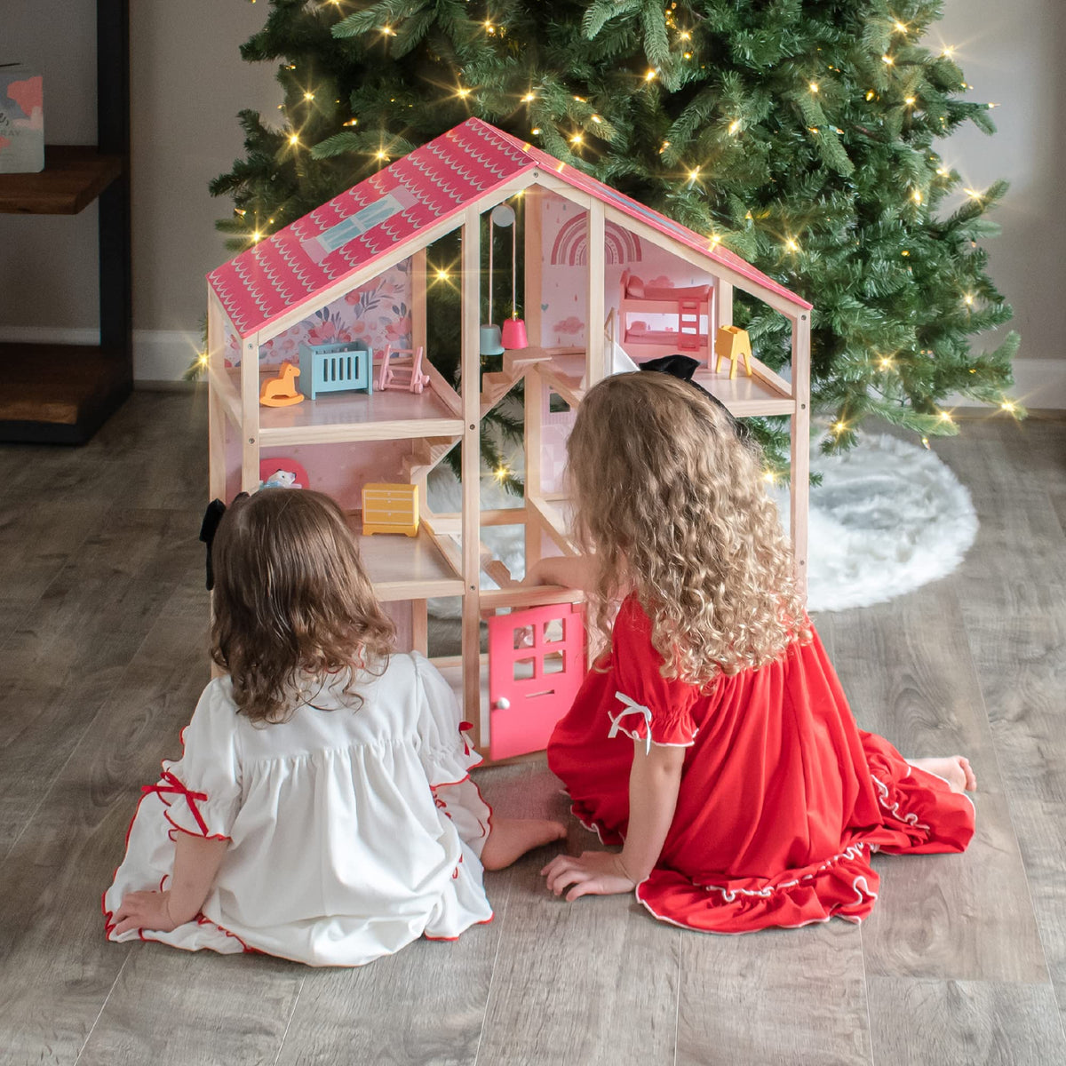 Tiny Land Wooden Dollhouse for Girls - 6 Rooms Wooden Doll House, DIY Pretend Doll House with 31Pcs Furniture Accessories, Creative Gift for Girl Ages 3+