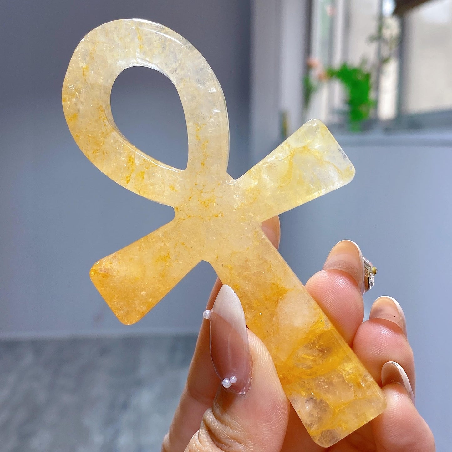3.6" Natural Quartz,Hand Carved,Mineral Sample,Ankh Totem,Home Decor,Reiki Heal,Energy Crystal Gift (Yellow Hematoid Quartz)