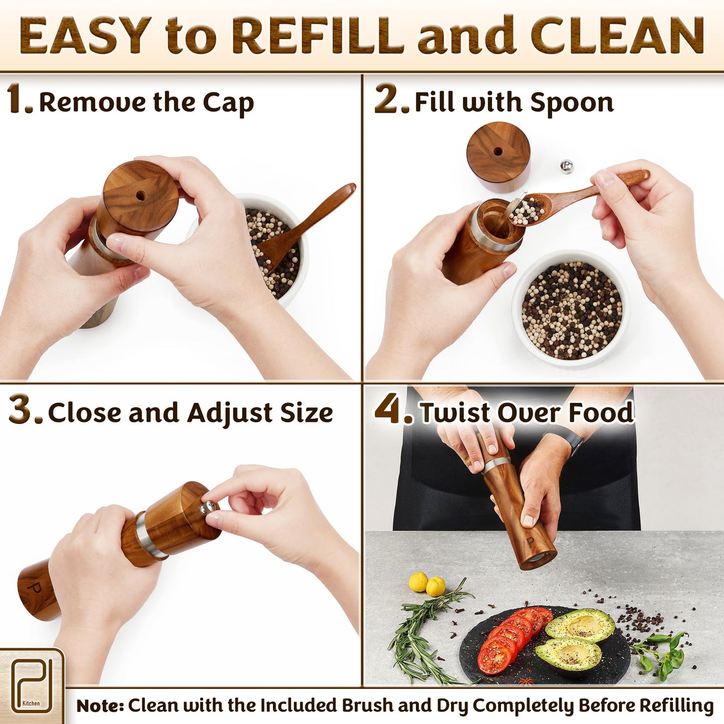 Salt and Pepper Acacia Wood Grinder Set with Wooden Holder Tray - 60 g / 2 oz each - Tall Modern Mill Shakers - Manual Refillable Mills for Peppercorn, Fancy Himalayan Salt + Spices - by PJC-Kitchen