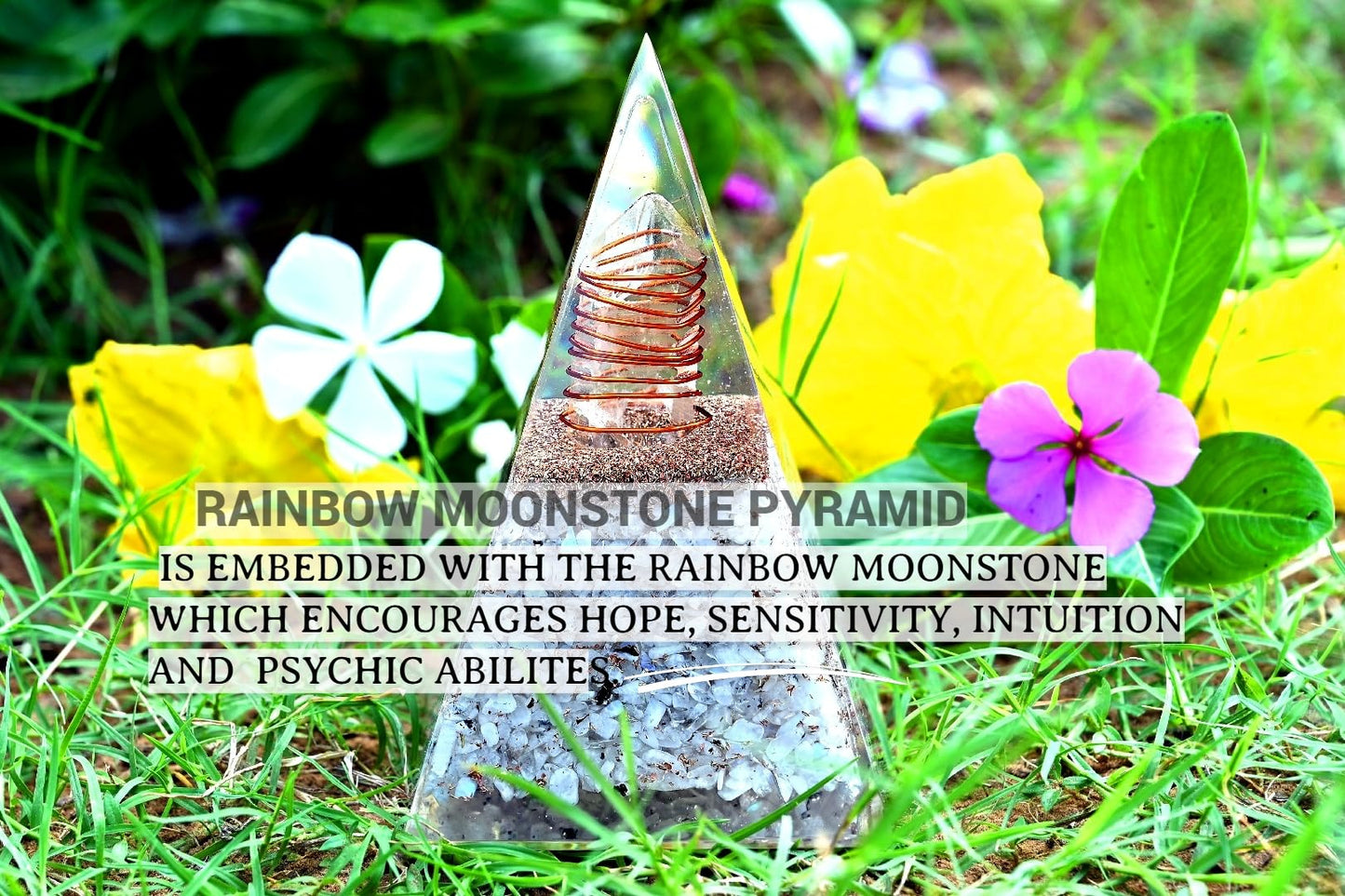 Wholesalegemshop New Inspirational Rainbow Moonstone Orgone Pyramid for Healing Crystal Gemstone Pyramid - Strength - Reiki - Yoga - Meditation