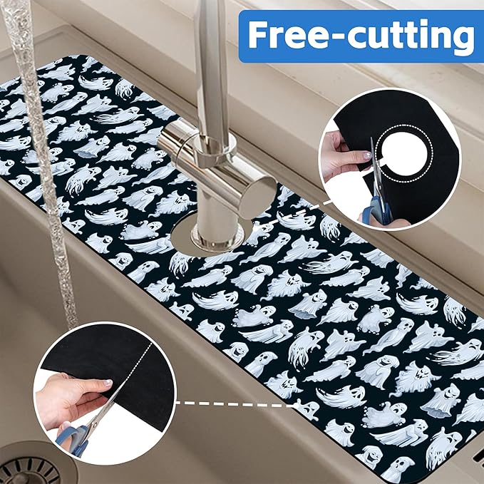 Halloween Ghost Kitchen Sink Splash Guard Mat Absorbent Fast Drying Mat Faucet