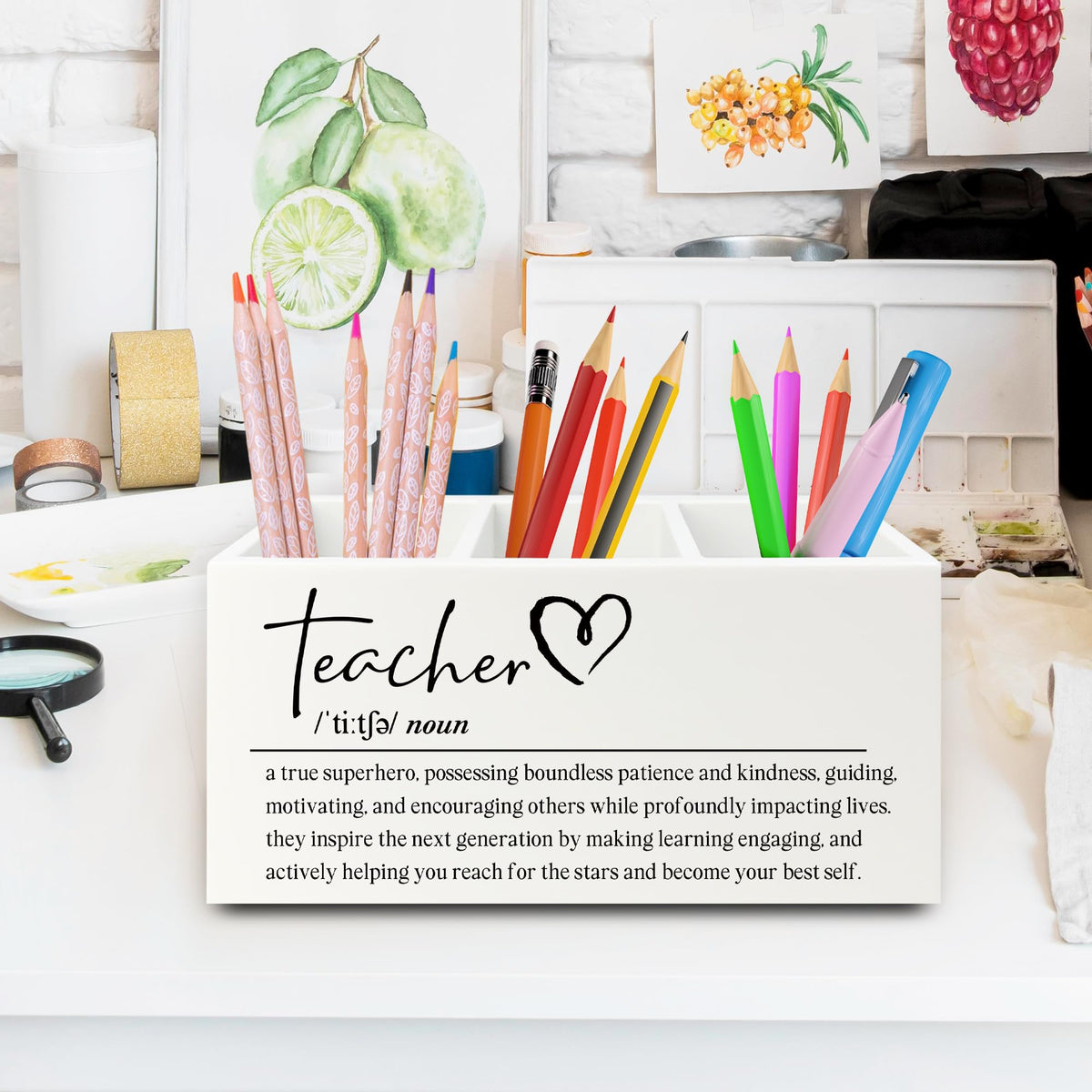 XPH Teacher Pen Pencil Holder Organizer for Desk, Teacher Appreciation Gifts, End of the Year Teachers Gifts for Women Men Wooden Box Sign for Office Workplace Classroom Desk Tabletop Decorations