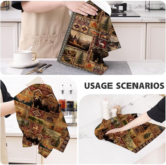 Vintage Rustic Kitchen Towel Set of 4, Lodge Bear Mountain Dish Towels