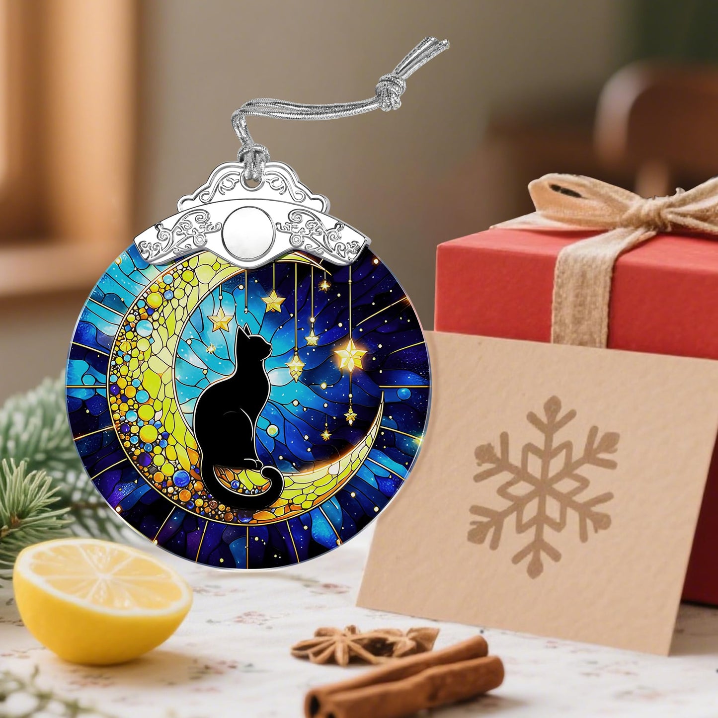 Stained Glass Black Cat Ornament, Christmas Ornaments, Christmas Decorations for Tree, Holiday Ornament, Gifts for Cat Lovers, Holiday Party Gifts, Gift Ideas & Xmas Gift