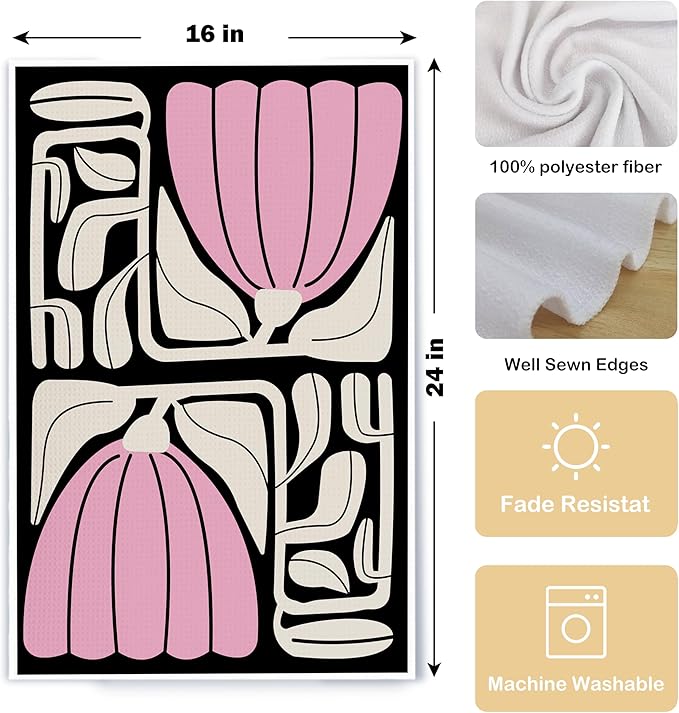 Abstract Boho Pink and Beige Floral Kitchen Towels Set of 2, Retro 70s Groovy