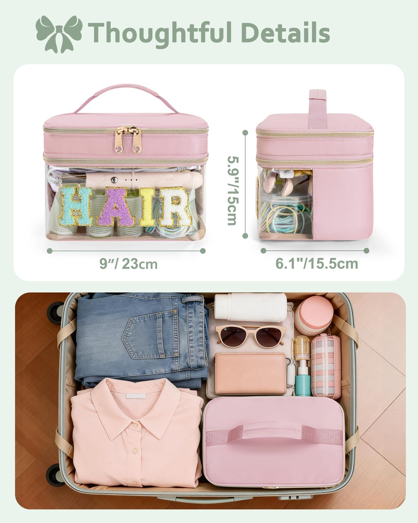 Fasrom Double Layer Hair Accessories Organizer, Preppy Patch Makeup Bag with HAIR Chenille Letter, Portable Travel Cosmetic Pouch Clear Toiletry Case for Women Girl, Pink(Bag Only, Patent Design)