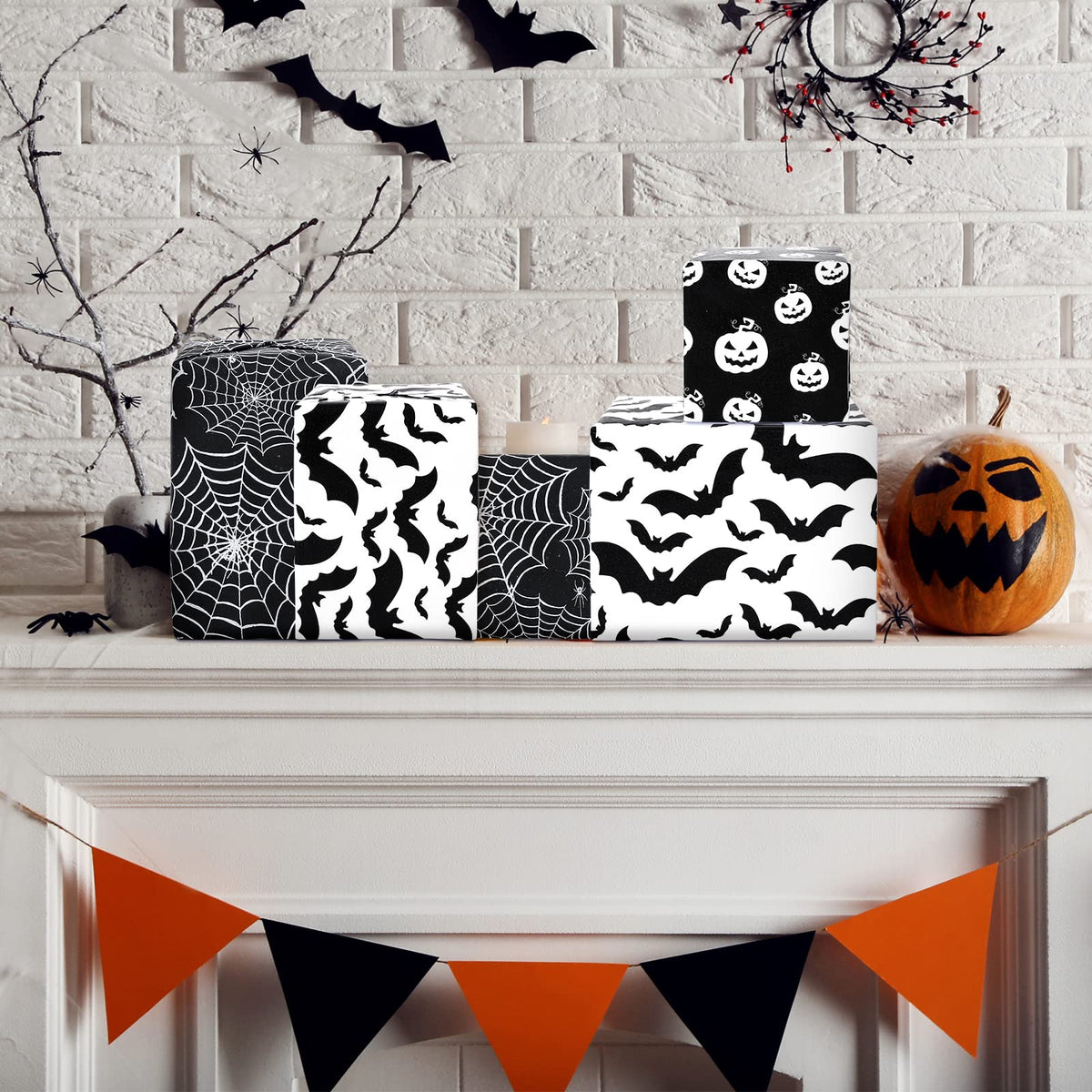 Whaline 120 Sheet Halloween Tissue Paper Black and White Wrap Tissue Paper with Cobweb Bat Pumpkin Pattern Gift Wrapping Paper for Fall Halloween Party Gift Packing DIY Craft, 13.8 x 19.7 Inch