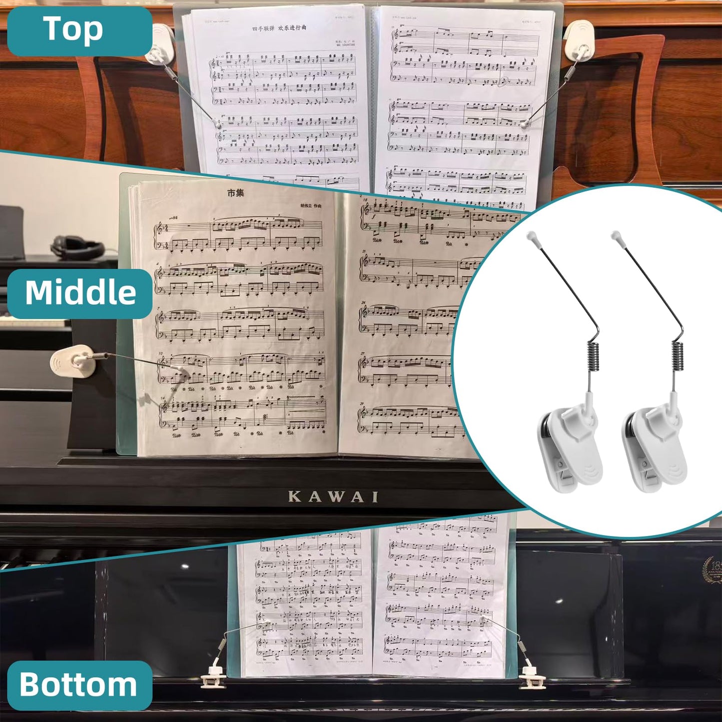 Piano Music Book Clip - Page Holder for Music Stand, Sheet Music Holders for Piano, Keyboard, Binders and Books, Essential Piano Accessories & Gift for Piano Players (White)