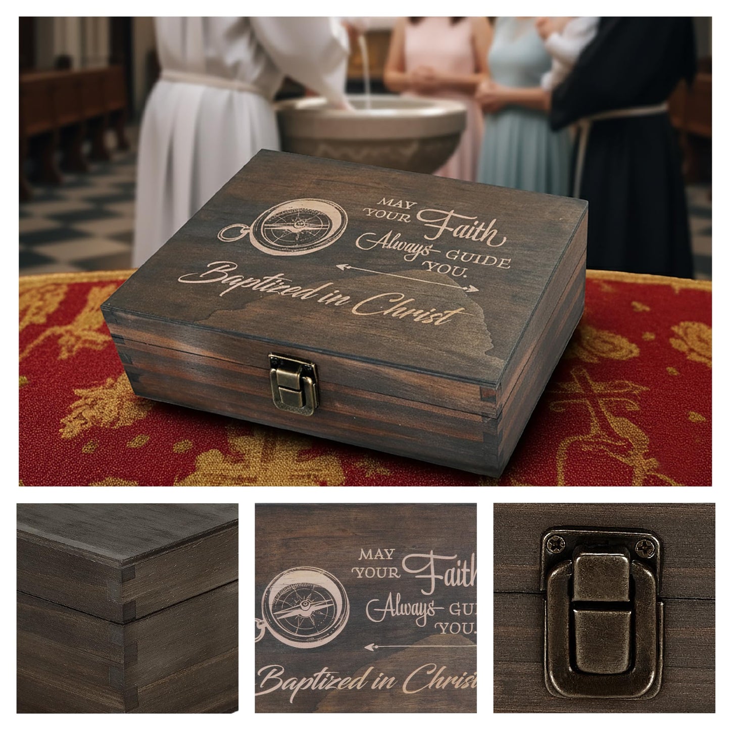 Engraved Baptism Memory Box – Wooden Keepsake Box for Christening Gifts, Baby Dedication, or First Communion – Medium Size – Dark Walnut Finish – 8.5 x 6 x 3 in