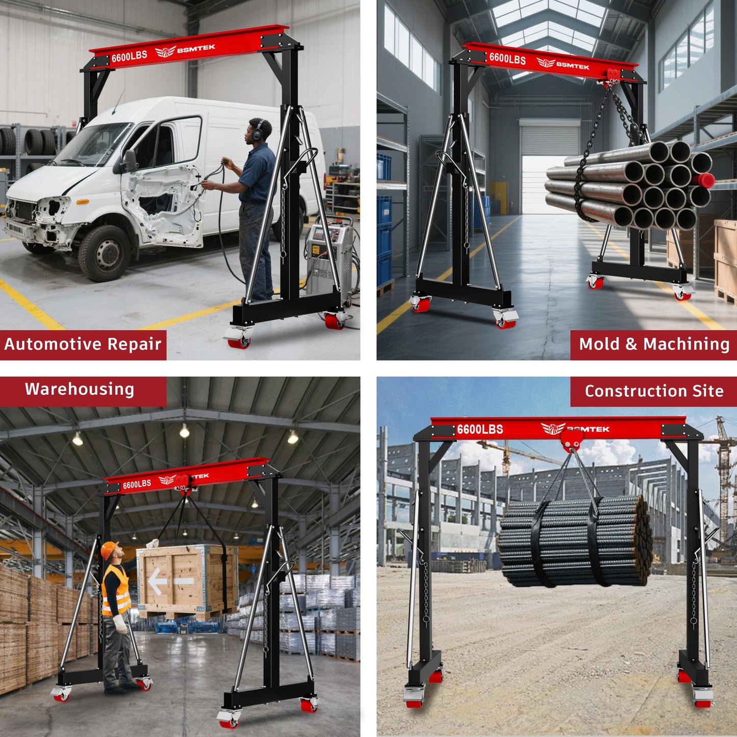 BSMTEK 3 Ton Gantry Crane MAX6600lbs, Adjustable Height (8.53-12.47 FT), Width (9.06 FT, Available 8.53FT), Steel I-Beam Construction, Portable Shop Hoist for Factories, Warehouses