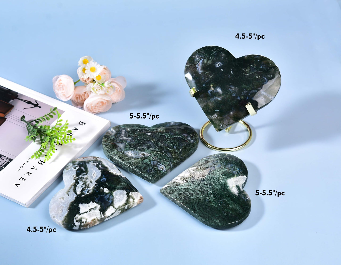 AMOYSTONE Large Heart Shaped Rock Stone Moss Agate Heart Rock Collection Mineral Specimen Home Office Decor, 4.5-5"/pc with Golden Alloy Bracket