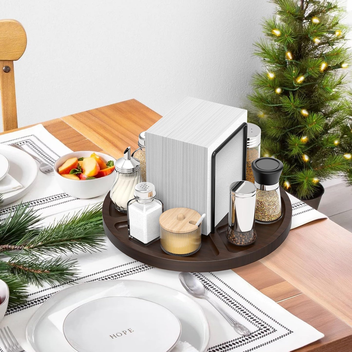 FODIENS Napkin Holder for Table, Rotating Napkin Dispenser with Salt and Pepper Shakers Storage, Standing Paper Napkin Organizer for Kitchen Dining Table Decor (1, Brown Round)