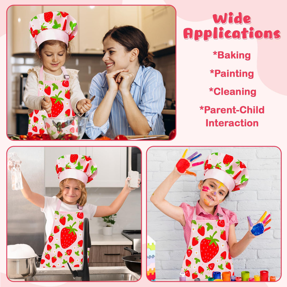 R HORSE Kid Apron and Chef Hat Set - 2Pcs Strawberry Adjustable Children Kitchen Toddler Apron for Girls Role Play Chef Toy Cooking Gift Birthday Gift for Kids Cooking Baking Painting and Training