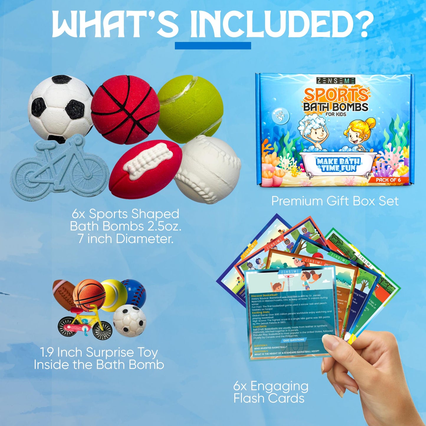 Bath Bombs with Toys Inside W/Educational Flash Cards - Bath Bombs for Kids - 2.5 oz Gift Set of 6 Scented Organic Handmade with Natural Essential Oils - Sports Surprise Inside by Zenseme
