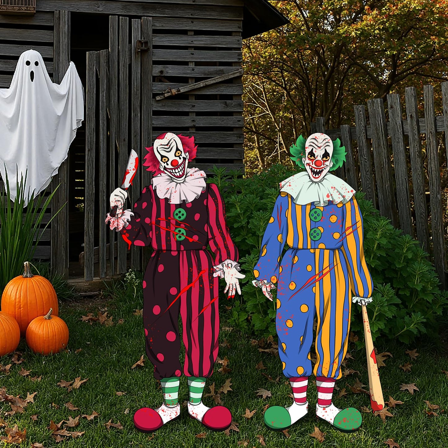 Bunny Chorus Outdoor Halloween Decorations: 2ct Extra Large Bloody Clowns Yard Signs with Stakes, Corrugated Plastic, Red Green Outside Halloween Decor for Kids Home School Yard Lawn Haunted House