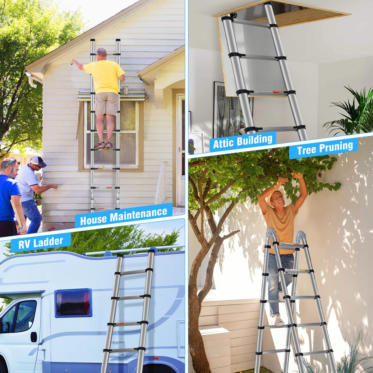 DEZEX A Frame Telescoping Ladders 16.5 FT Stainless Steel, Telescopic Ladder with Balance Bar and Movable Wheels, Multi-Purpose Collapsible Compact Ladder for Indoor Outdoor Work, 330lbs Capacity