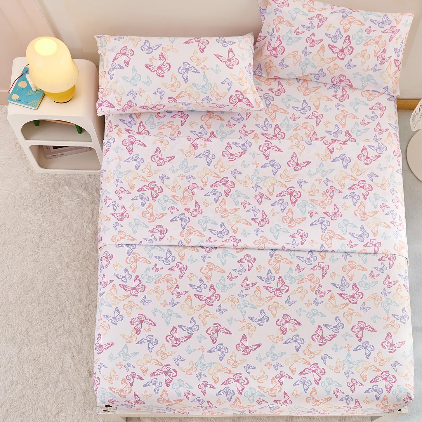 Yibeizi Butterfly Full Size Sheet Set for Girls, Kids Cute Bedsheet Microfiber Deep Pocket Bedding Sheets & Pillowcases 4 Pieces