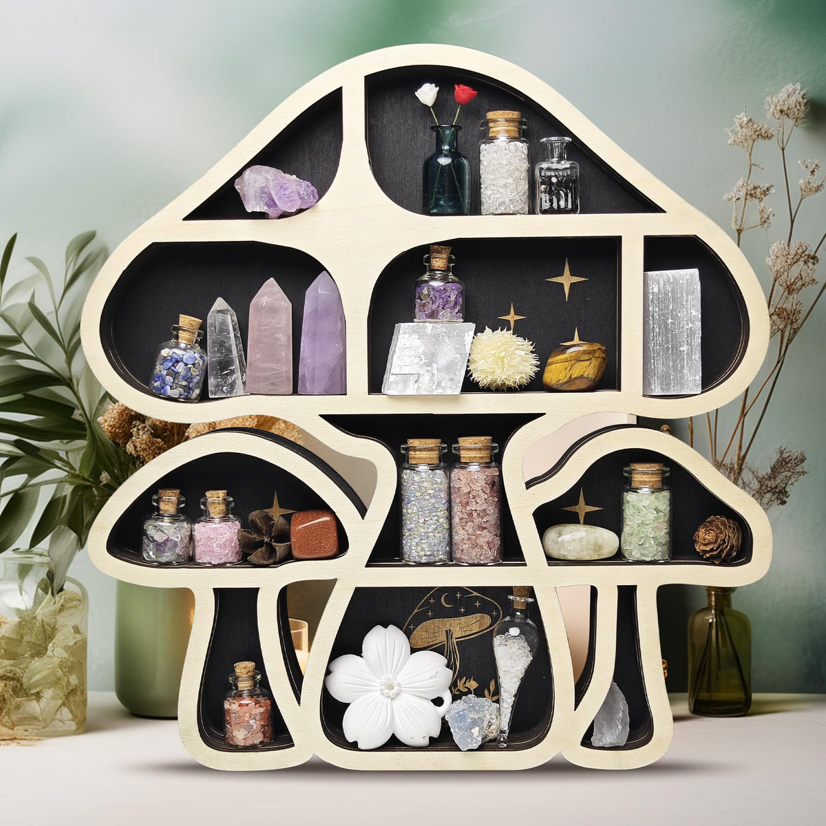 FNYDOX Wooden Mushroom Floating Shelves, Crystal Display Shelf for Wall, Cute Mushroom Wall Decor, Rock Gem Stone Storage Organizer, Essential Oil Holder Hanging Case, Meditation Art Spiritual Gift