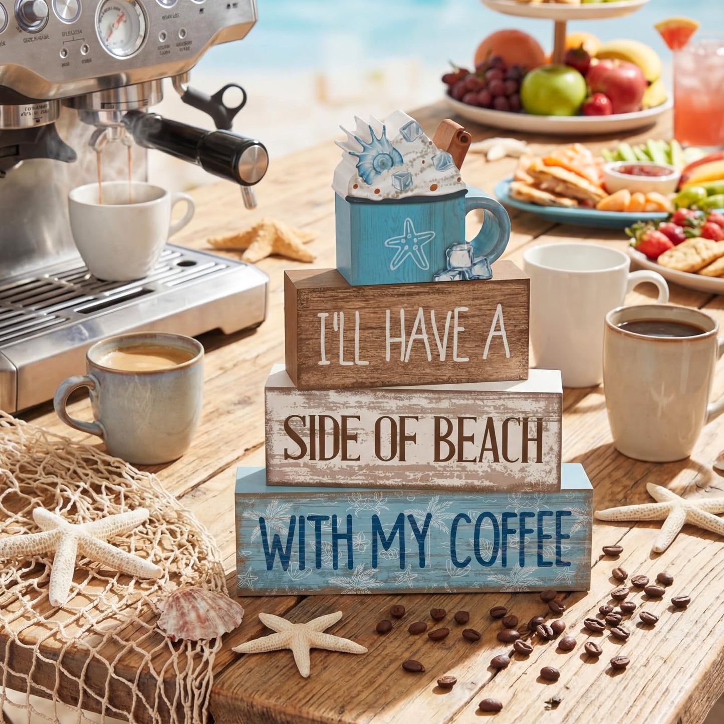Lineshading 4 Pcs Summer Table Decorations Beach Coffee Bar Wooden Block Sign Blue Rustic Coastal Tiered Tray Decor with Coffee Cup Summer Centerpieces Decor for Beach Nautical Party Office Home