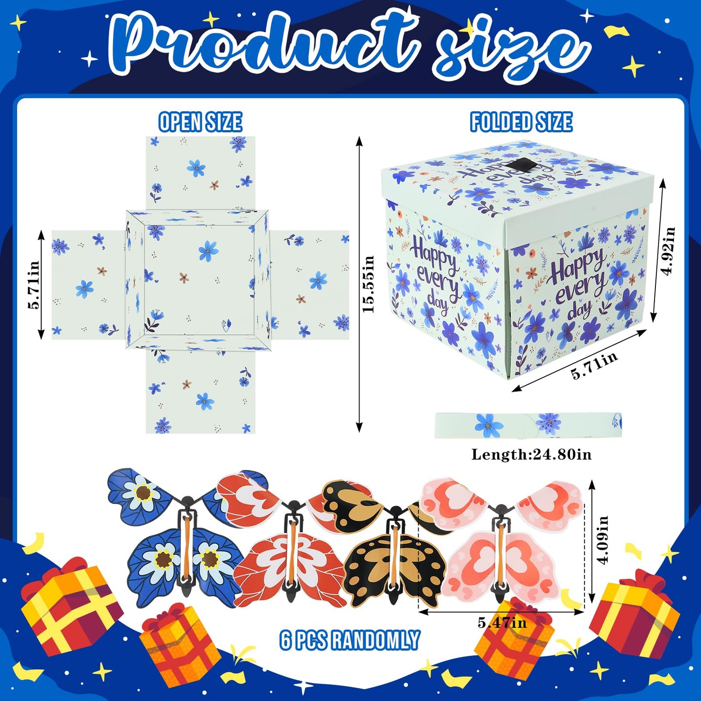 Flying Butterfly Explosion Gift Box with 6 Pcs Flying Butterflies, Surprise Birthday Gift Box with Butterfly, Surprise Cake Boxes for Birthday, Anniversary, Wedding,Graduation Special Occasions Blue