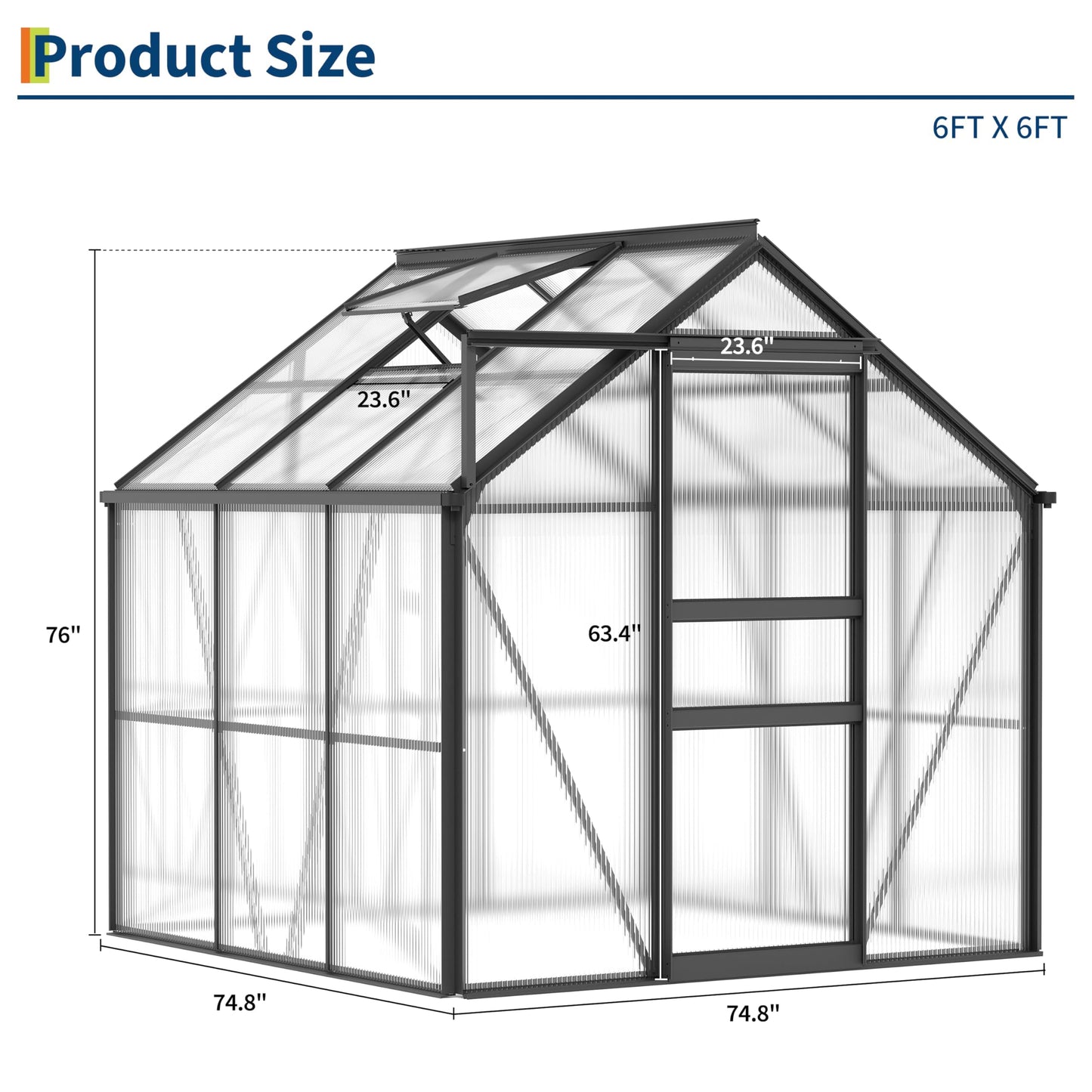 GarveeHome 6x6 FT Walk-in Polycarbonate Greenhouse - Heavy Duty Aluminum Frame with Base Kit, 4mm Double-Wall UV Protected Panels, 5-Position Adjustable Roof Vent & Sliding Door, Winter Plant House