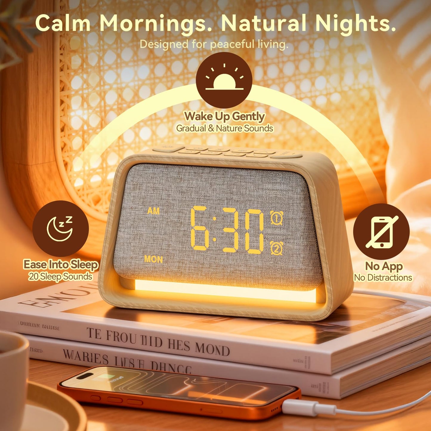 Vivilumens Wooden Alarm Clock White Noise Sound Machine for Sleep 10 Soothing Sounds 10 Natural Sounds for Adults Sleeping Digital Dimmable Night Light Gentle Clock for Bedroom Dual Alarm Ideal Gift