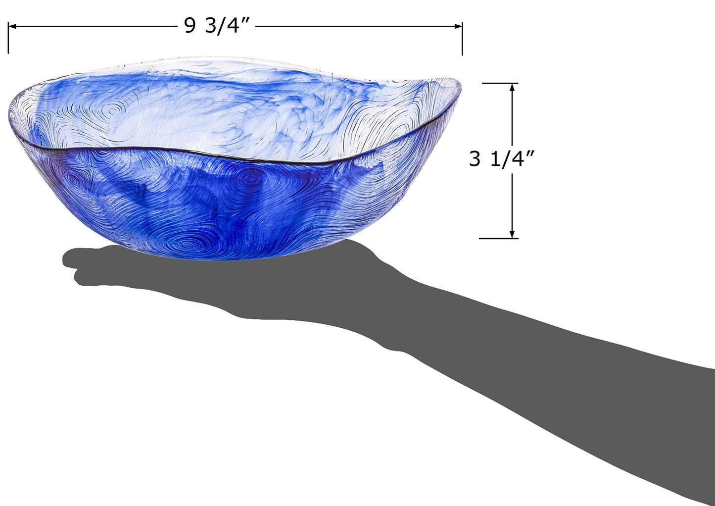 Red Co. 9.5 Inch 62 Ounce Etched Wavy Glass Salad Bowl, Large Tabletop Centerpiece, Blue
